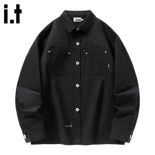 纯棉开衫 工装 长袖 衬衫 春秋翻领宽松潮牌衬衣3P 男士 izzue美式