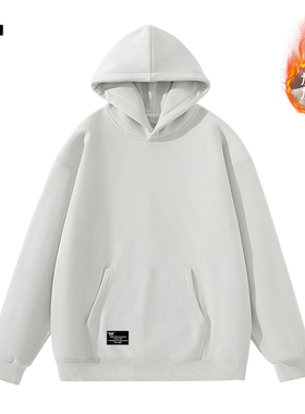 it izzue加绒卫衣男冬季白色连帽衫宽松套头上衣加厚内搭打底衫4P
