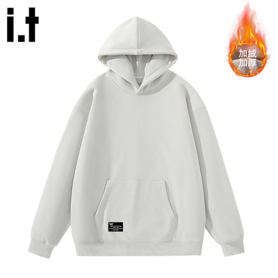 it izzue加绒卫衣男冬季白色连帽衫宽松套头上衣加厚内搭打底衫4P