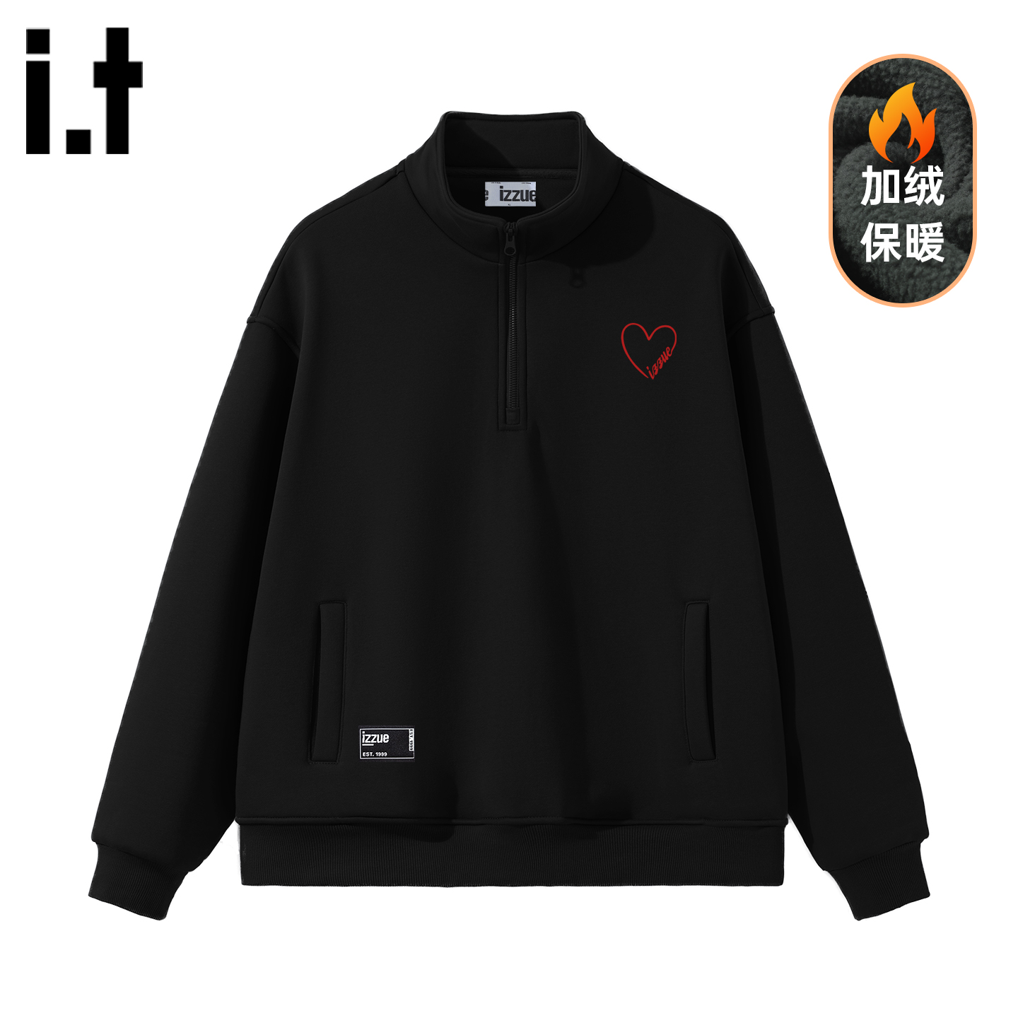 it izzue新款潮牌流行加绒立领卫衣男2025冬半拉链情侣加厚上衣1P