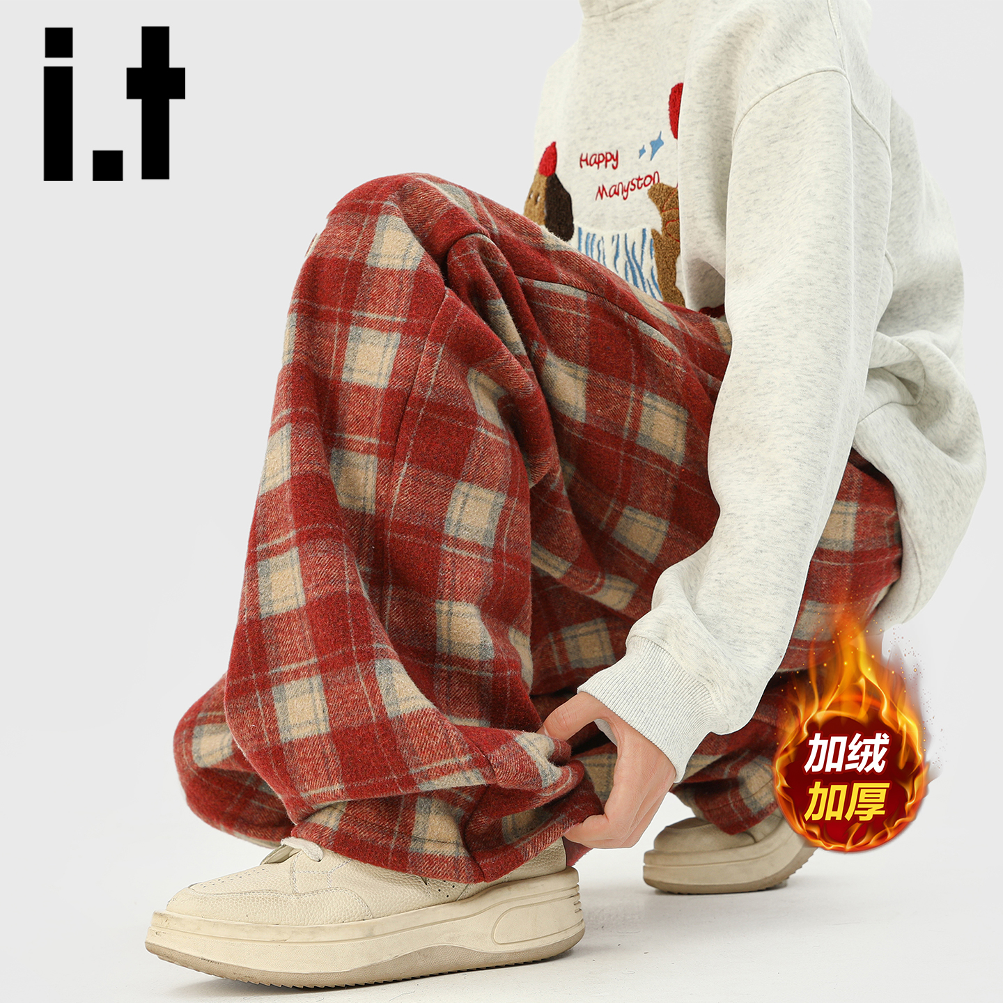 itizzue复古格子加绒休闲裤