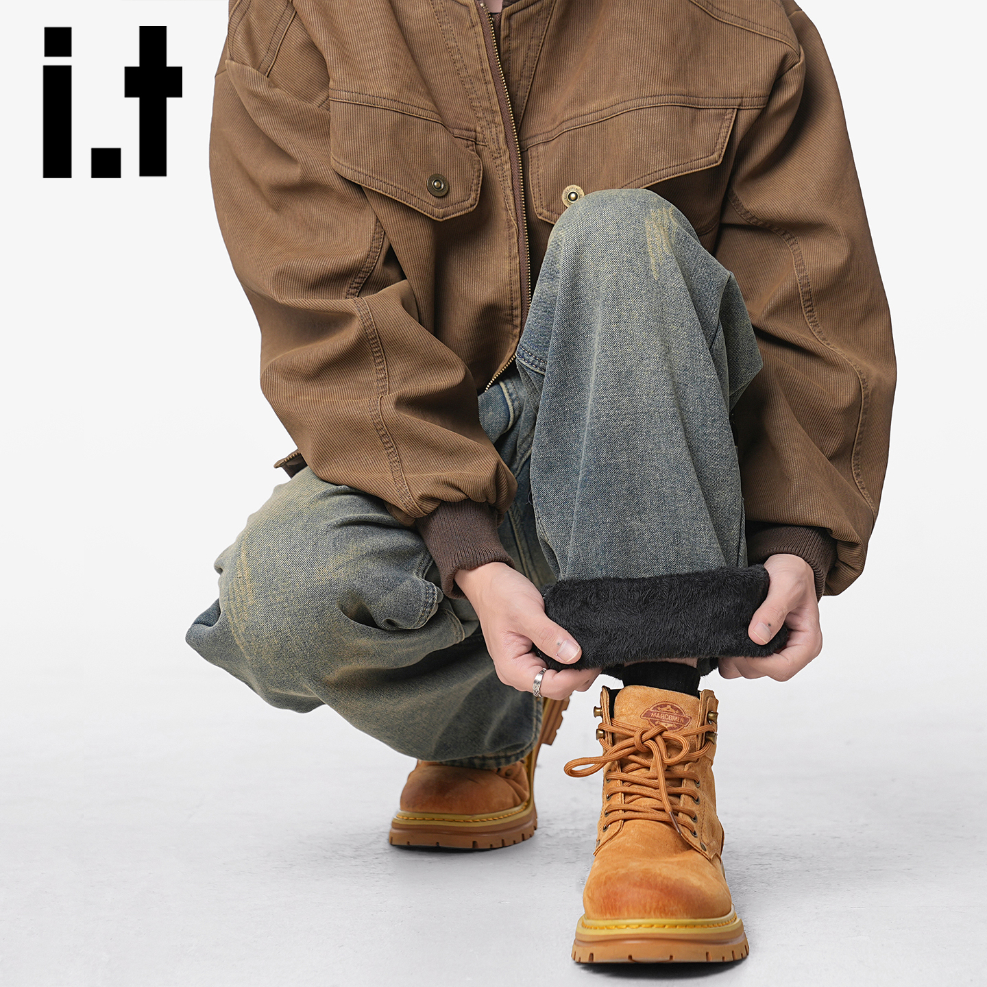 itizzue美式加绒牛仔裤男秋冬款