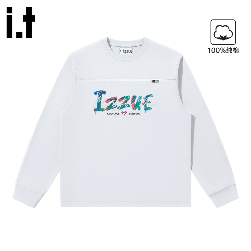 it izzue原创白色纯棉重磅圆领长袖T恤男2025春秋高级感潮牌上衣C