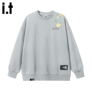 it izzue百搭印花圆领长袖T恤男休闲套头落肩宽松长袖女式卫衣4P