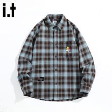 it izzue原创潮牌格子长袖条纹衬衫男士春秋宽松基础款衬衣外套3P