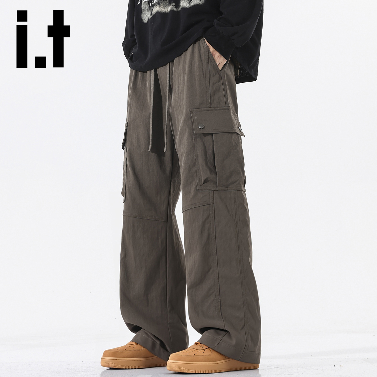 itizzue咖色裤子男宽松男士