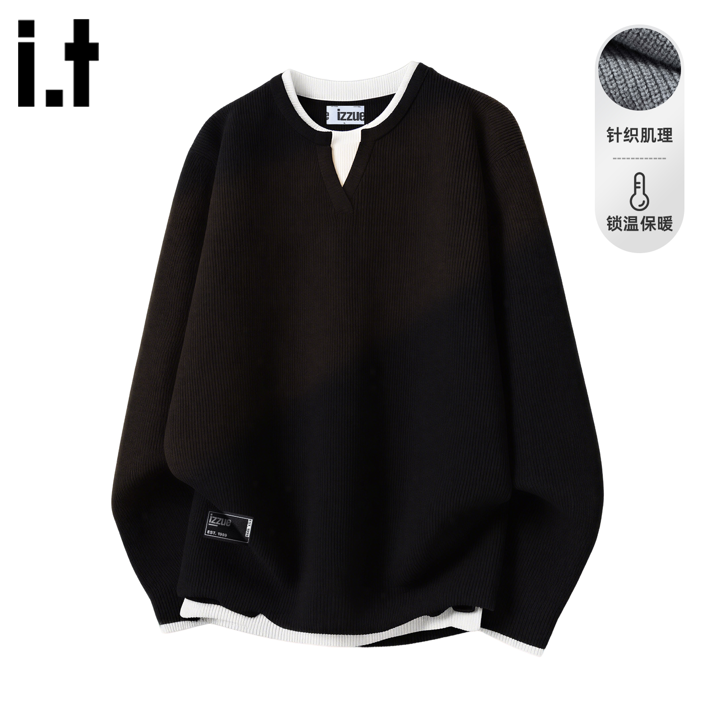 it izzue新款日系假两件针织衫男2025冬套头上衣情侣百搭毛衣女A