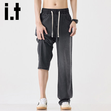 it izzue复古莱赛尔天丝薄款牛仔裤男宽松夏季直筒休闲潮流长裤Y
