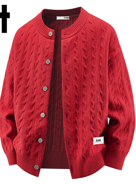 【百搭款】it izzue红色针织衫毛衣男士2025秋冬季保暖开衫上衣Y