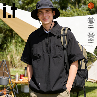 男款 时尚 复古风工装 新款 衬衫 衬衣夏季 翻领上衣4P izzue官方短袖