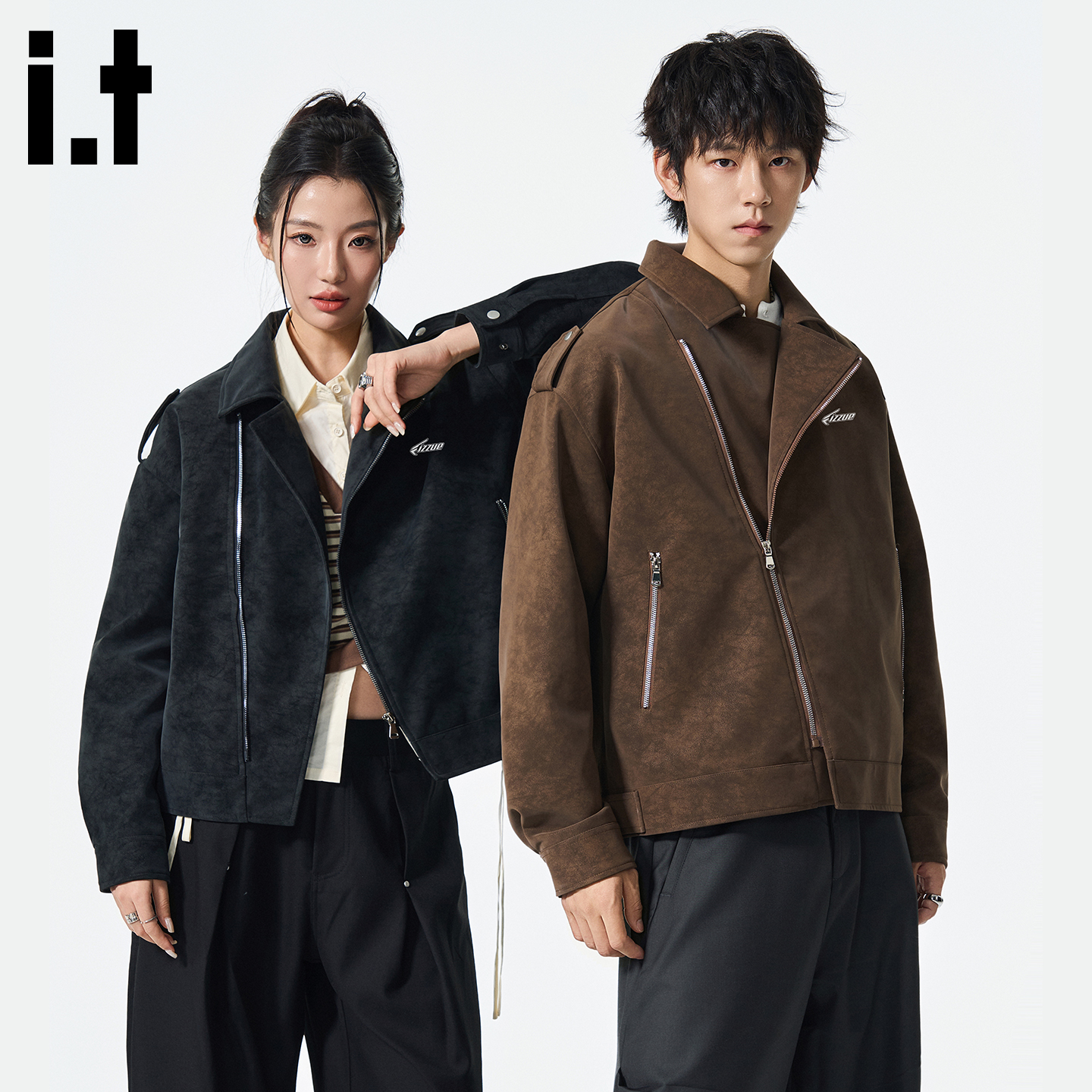 it izzue新款拉链皮衣外套男款宽松酷飒风机车服秋季翻领夹克女4P