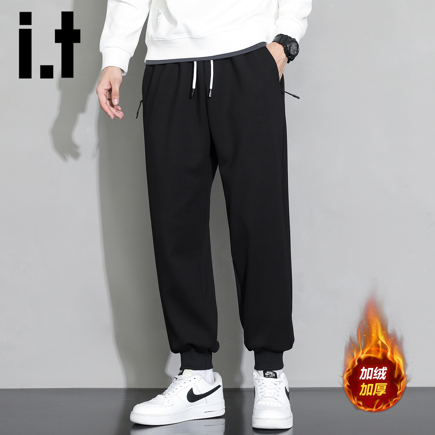 itizzue秋冬新款黑色加绒休闲裤