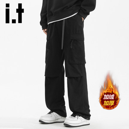 it izzue秋冬季加绒加厚纯棉工装裤男士潮牌复古多口袋直筒裤子Y