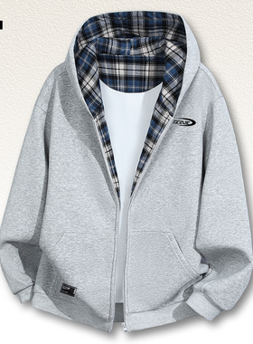 it izzue美式连帽灰色卫衣外套男秋季高级感宽松慵懒百搭上衣潮4P
