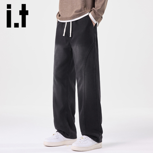 it izzue 美式复工高街牛仔裤男春秋季宽松百搭紧松腰直筒阔腿裤Y
