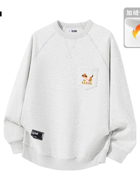 it izzue原创潮牌白色插肩加绒圆领卫衣男士秋冬暖时尚穿搭外套3P