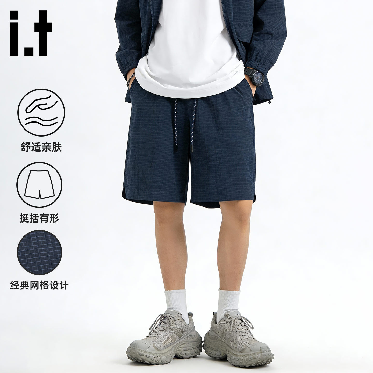 it izzue原创藏青色新款开叉直筒短裤男2026夏季宽松休闲五分裤3P,男装,短裤,淘宝优惠券,粉丝福利购,淘宝优惠卷