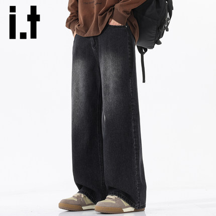 it izzue牛仔裤男士秋冬季新款美式潮流复古宽松直筒阔腿长裤潮Y