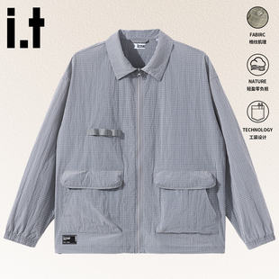 izzue复古风外套男装 夹克时尚 春季 翻领工装 格纹设计上衣4P 新款