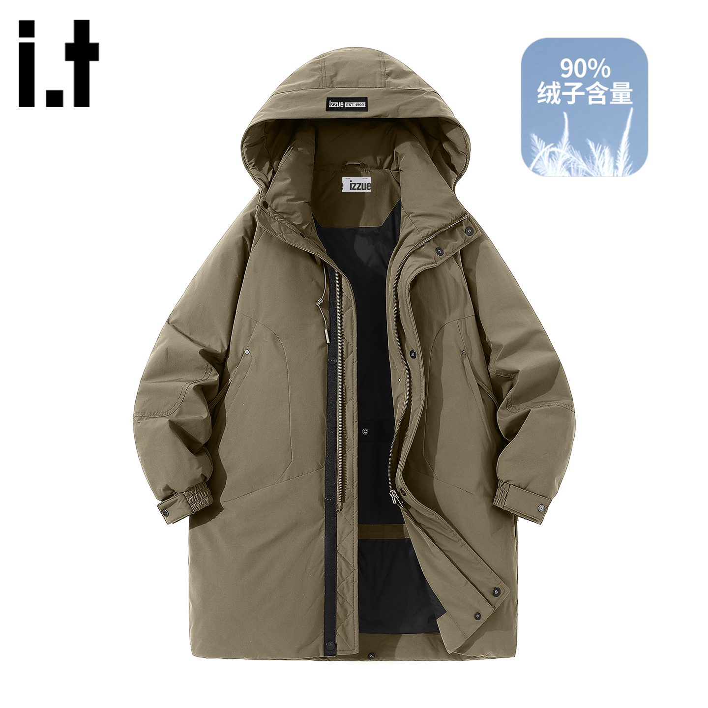 itizzue连帽中长款插肩羽绒服男