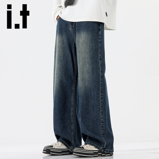 it izzue牛仔裤男秋冬款2026新款宽松直筒青年潮牌复古怀旧阔腿Y