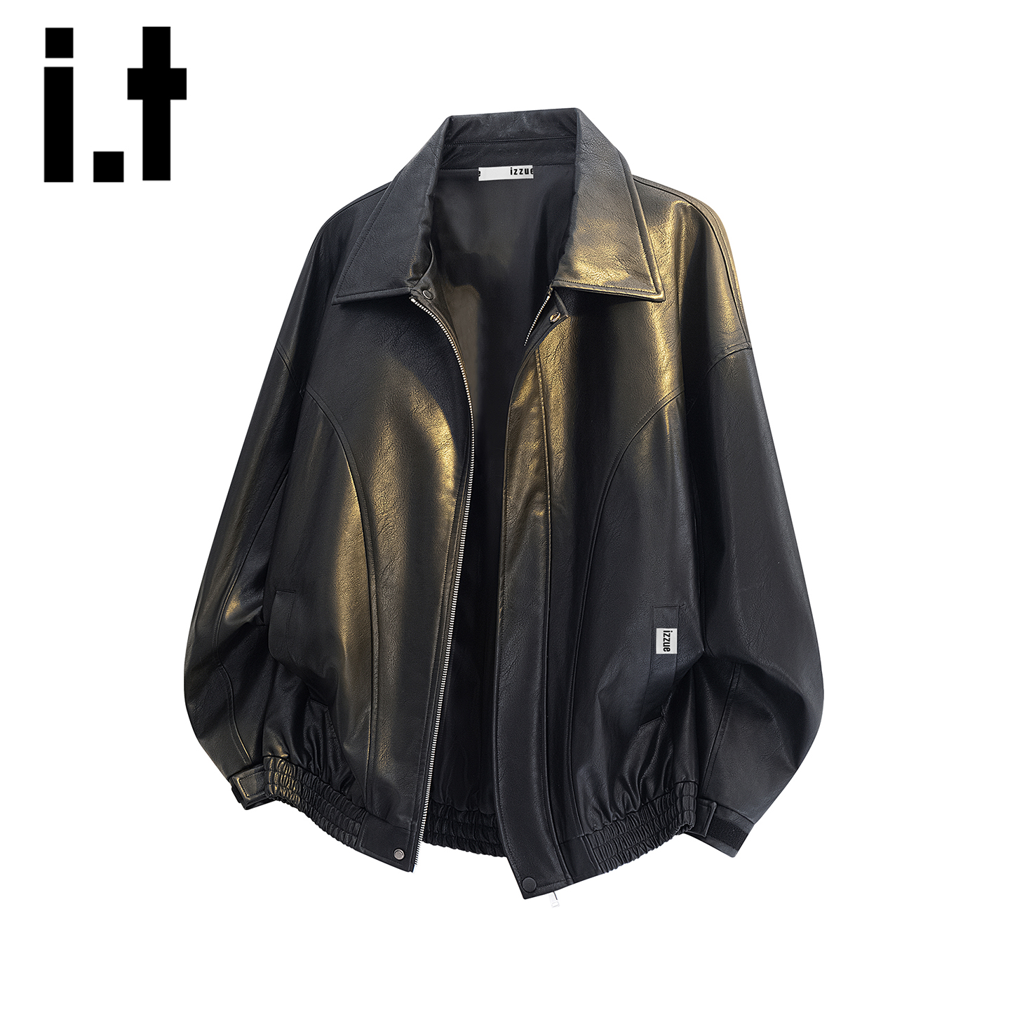 itizzue黑色机车皮衣翻领夹克男