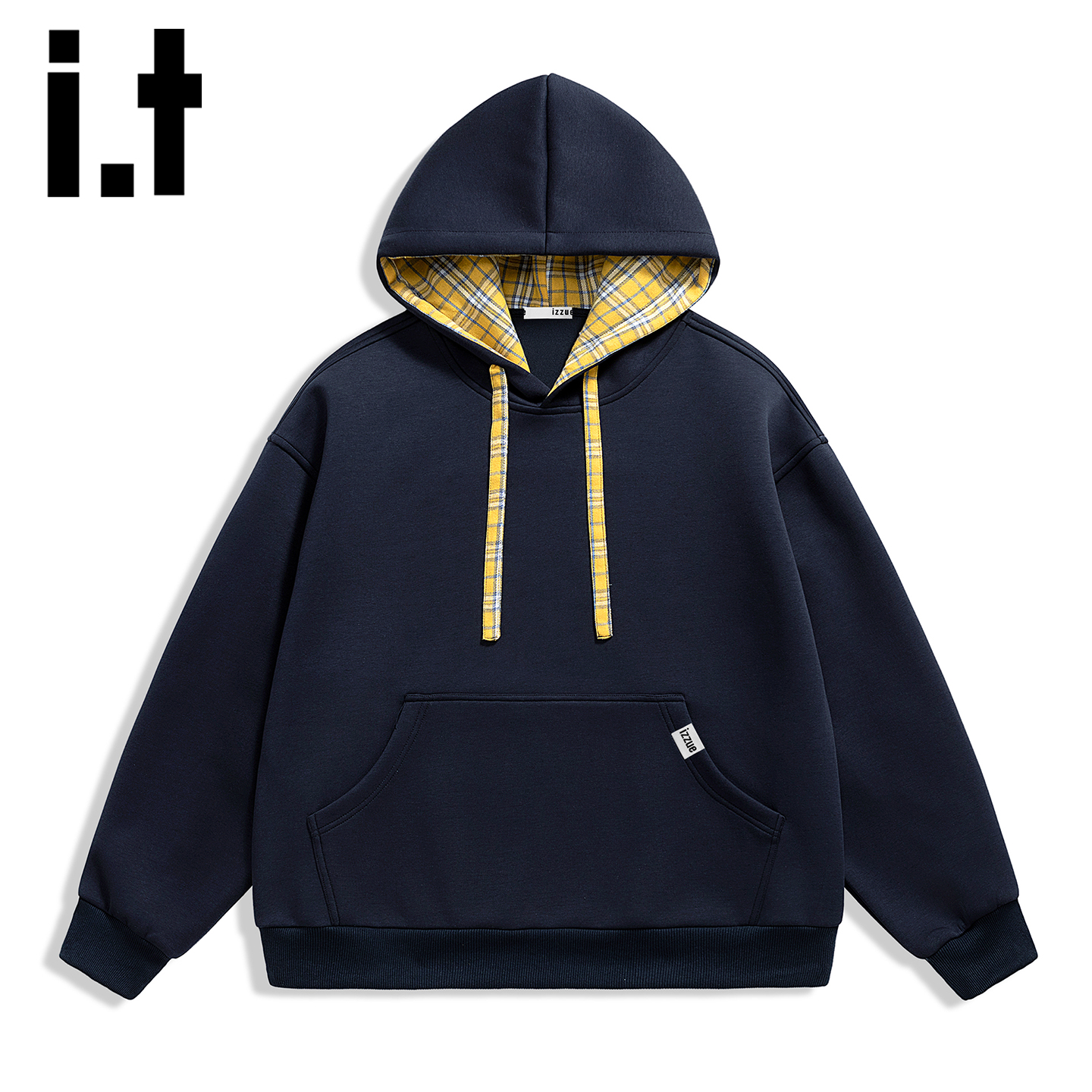 itizzue美式格子拼接连帽卫衣男