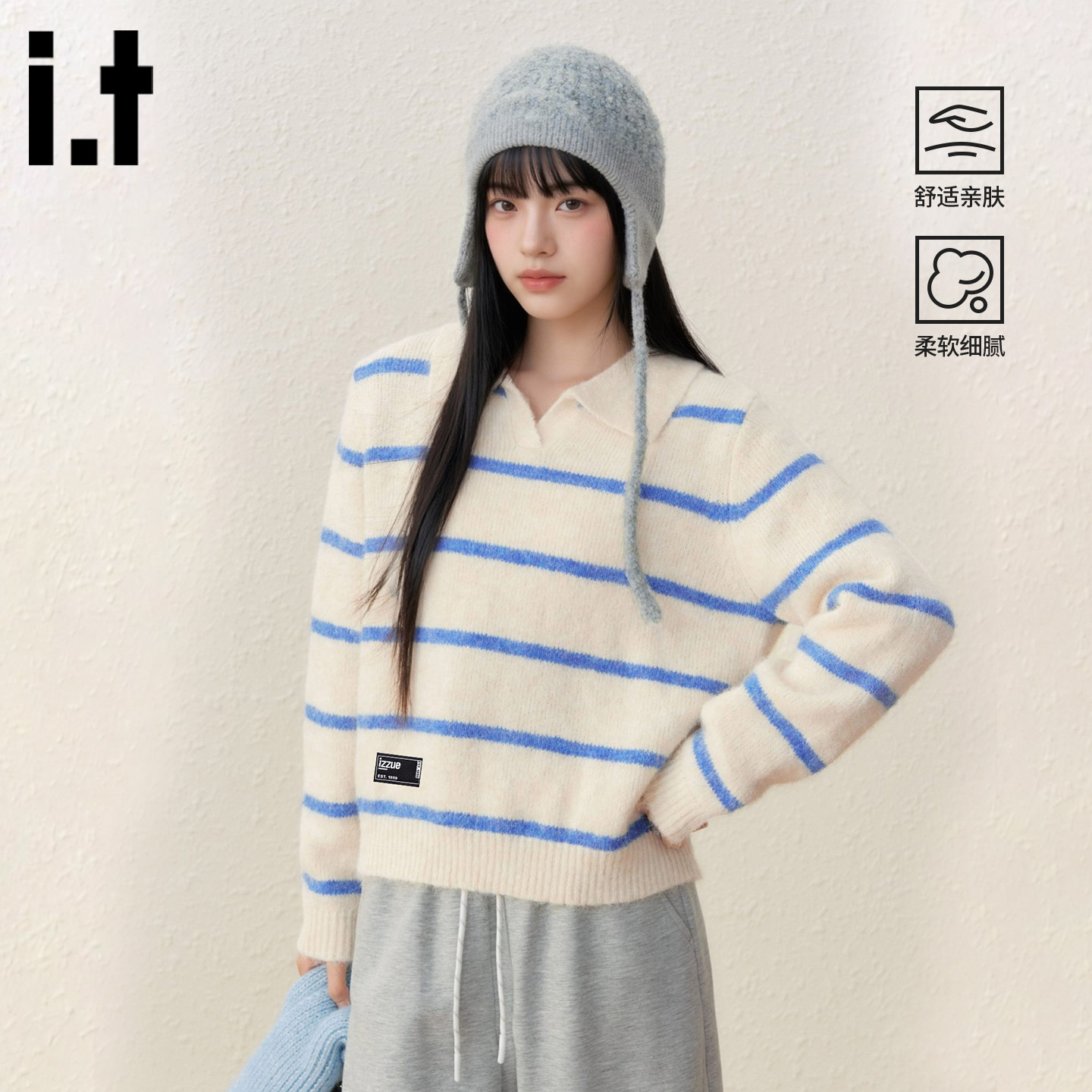 itizzue潮牌撞色条纹翻领毛衣女