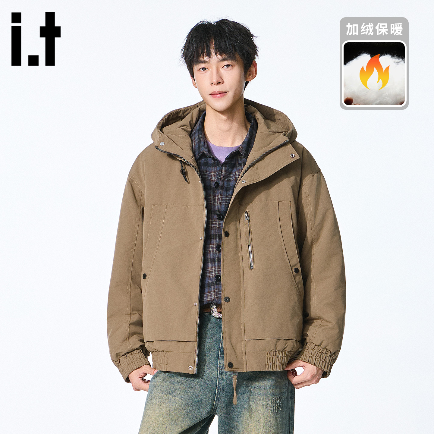 itizzue加厚保暖棉服连帽外套男