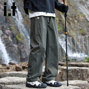 军绿色阔腿长裤 裤 男宽松直筒工装 izzue户外休闲风防水冲锋裤