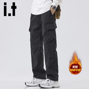 izzue加绒加厚工装 黑色休闲男士 裤 宽松直筒男裤 子Y 男秋冬季