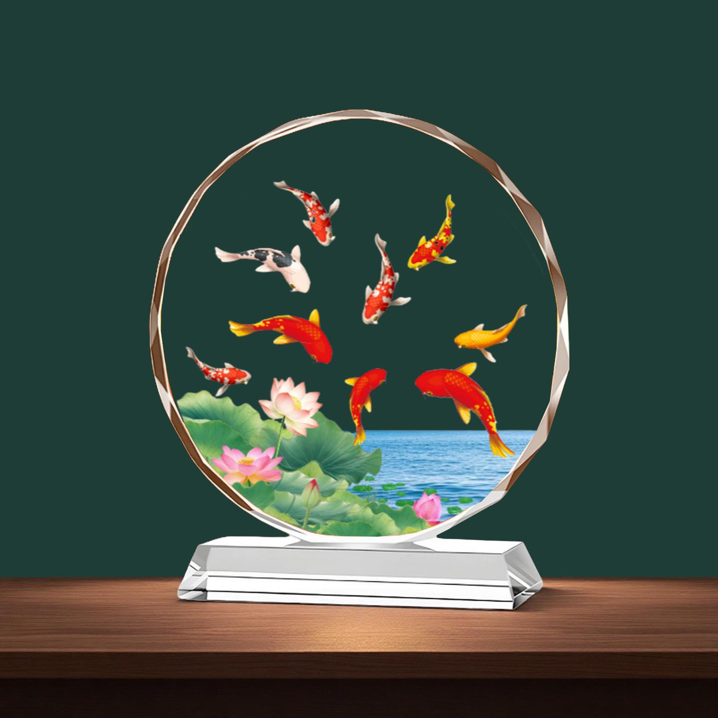 九鲤荷花图水晶摆饰风水聚财九鱼图桌面家居装饰九鱼运转客厅摆台