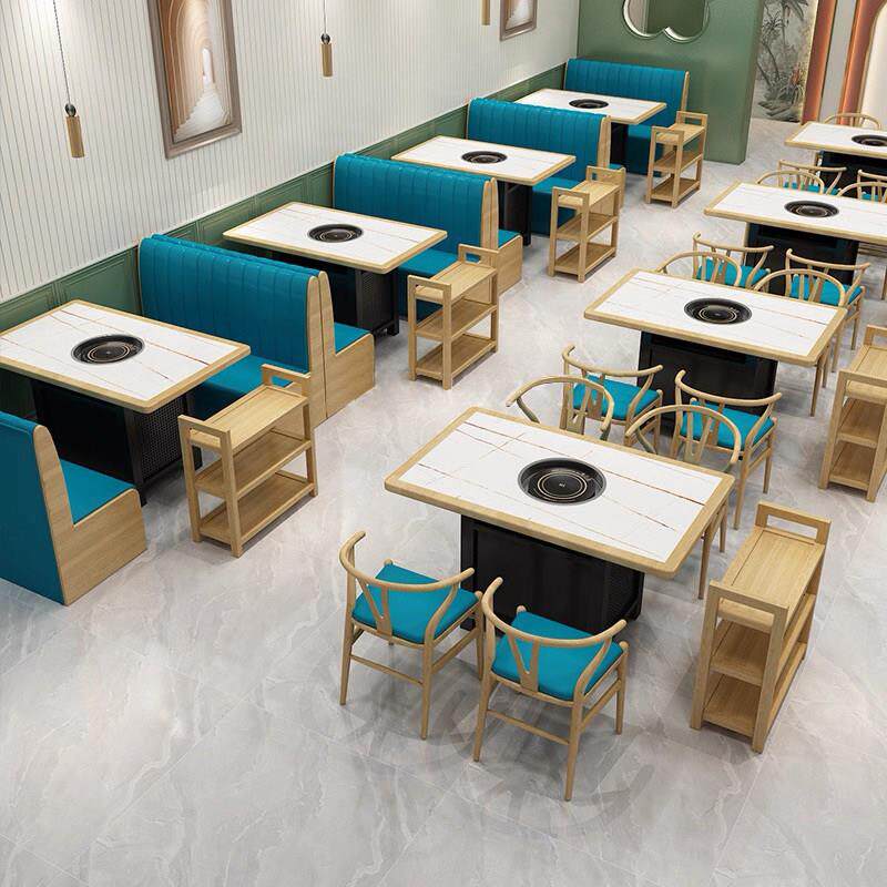 实木大理石火锅店桌子电磁炉一体商用无烟烤肉店串串桌椅卡座沙发