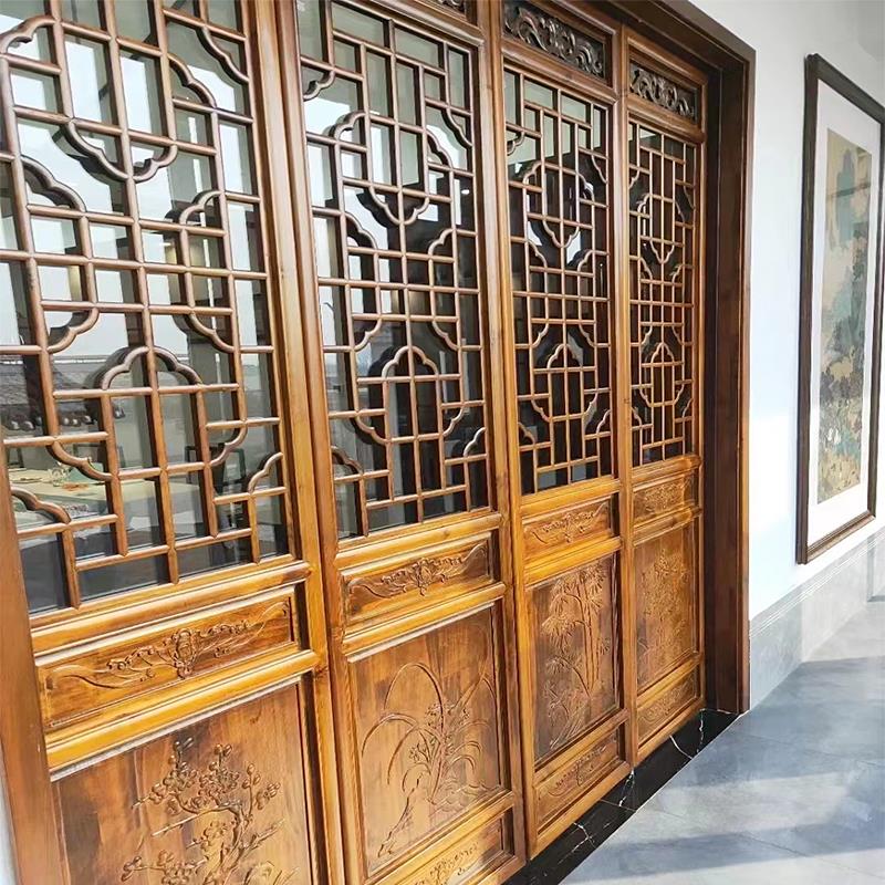 仿古门窗实木中式隔断东阳木雕屏风玄关客厅大门镂空花格雕花装饰