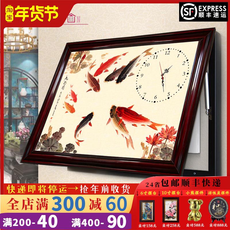 电表箱装饰画带钟表新中式实木配电箱免打孔液压上翻中国画遮挡画