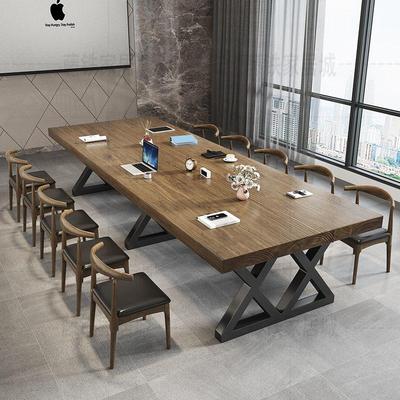 实木会议桌长桌简约现代办公室洽谈桌椅组合大型工业风原木长条桌