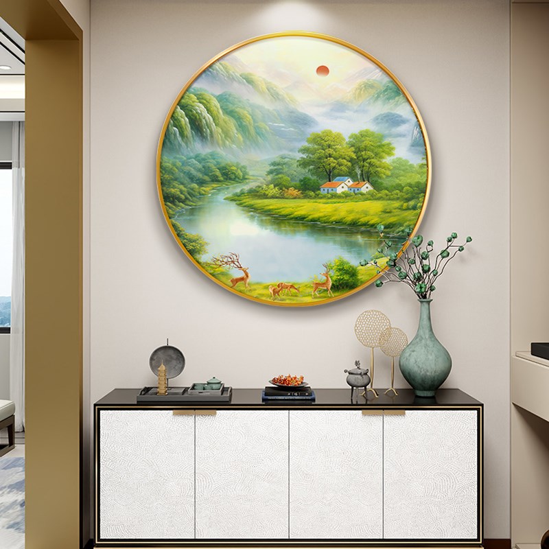 入户玄关装饰画圆形走廊过道壁画餐厅背景墙风景油画聚宝盆山水画图片
