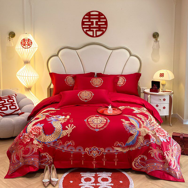 结婚喜庆全棉磨毛四件套红色刺绣婚庆婚礼被套床单床上用品4,床上用品,婚庆床品套件,淘宝优惠券,粉丝福利购,淘宝优惠卷