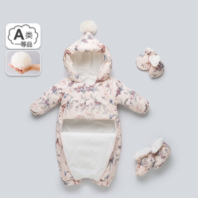 婴儿羽绒服女宝宝羽绒连体衣抱衣冬季婴幼儿保暖外出服爬爬服冬装