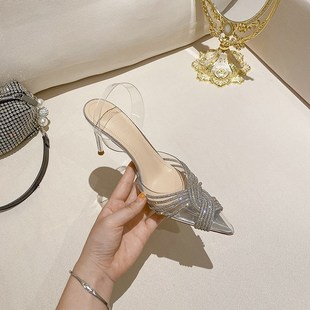 L-112惠州女鞋2024夏季尖头百搭不累脚凉鞋水钻透明包头细高跟鞋