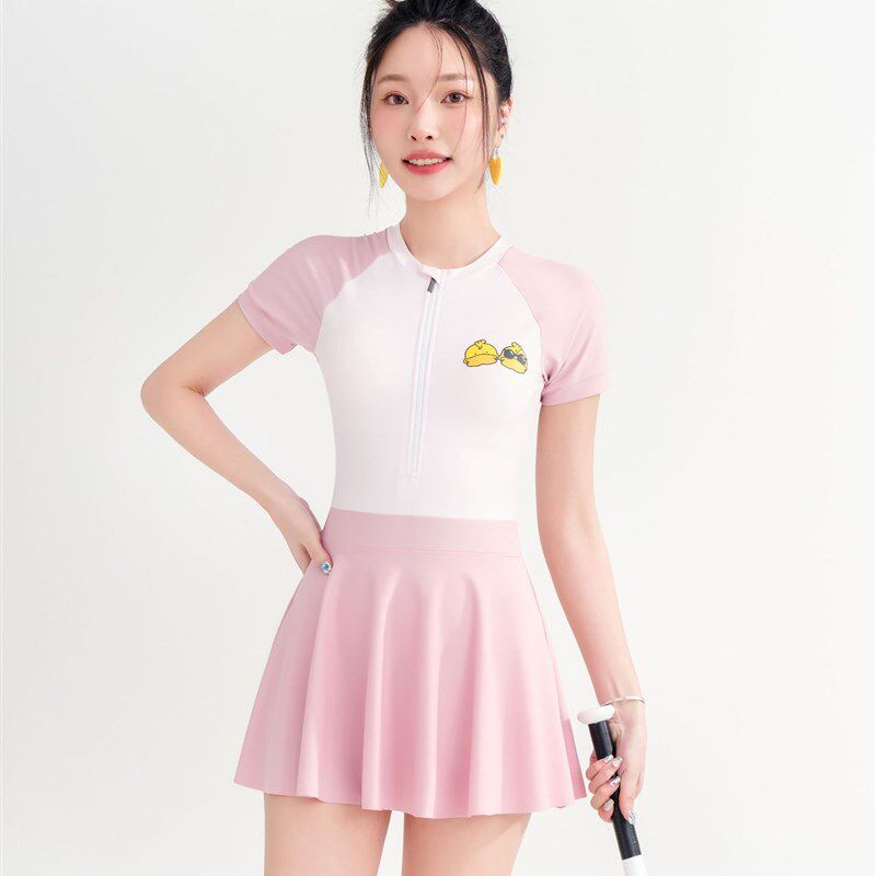 度假休闲风泳衣时尚拼色温泉泳装大码女款遮肉显瘦泳装连体百褶裙