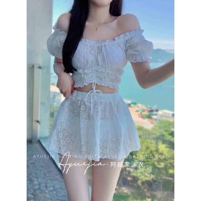 泳衣女2024年新m款高级感分体泡温泉半袖裙式遮肚显瘦度假度假游
