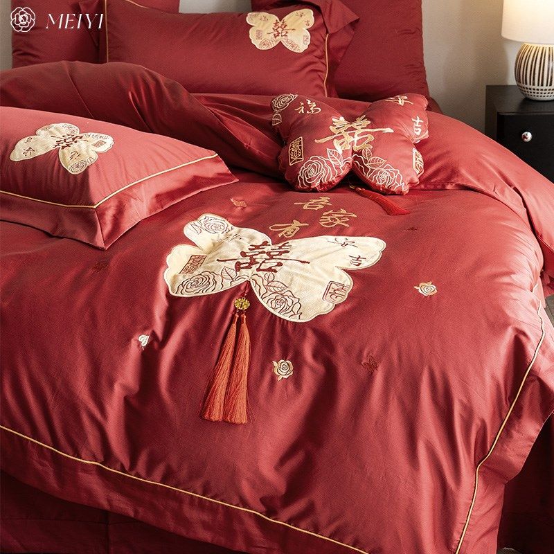 中式浪漫结婚全棉长绒棉四件套婚庆喜被刺绣被套流苏婚嫁床上用品,床上用品,婚庆床品套件,淘宝优惠券,粉丝福利购,淘宝优惠卷