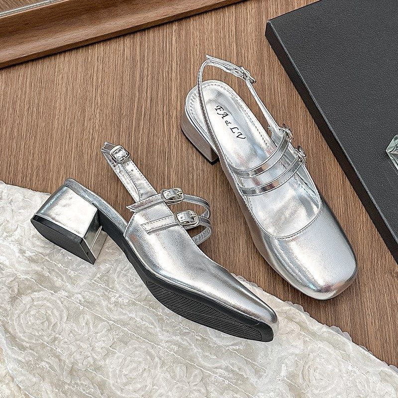 包头凉鞋女2024夏季新款浅口单鞋粗跟方头半拖外穿法式银色高跟鞋,女鞋,时装凉鞋,淘宝优惠券,粉丝福利购,淘宝优惠卷