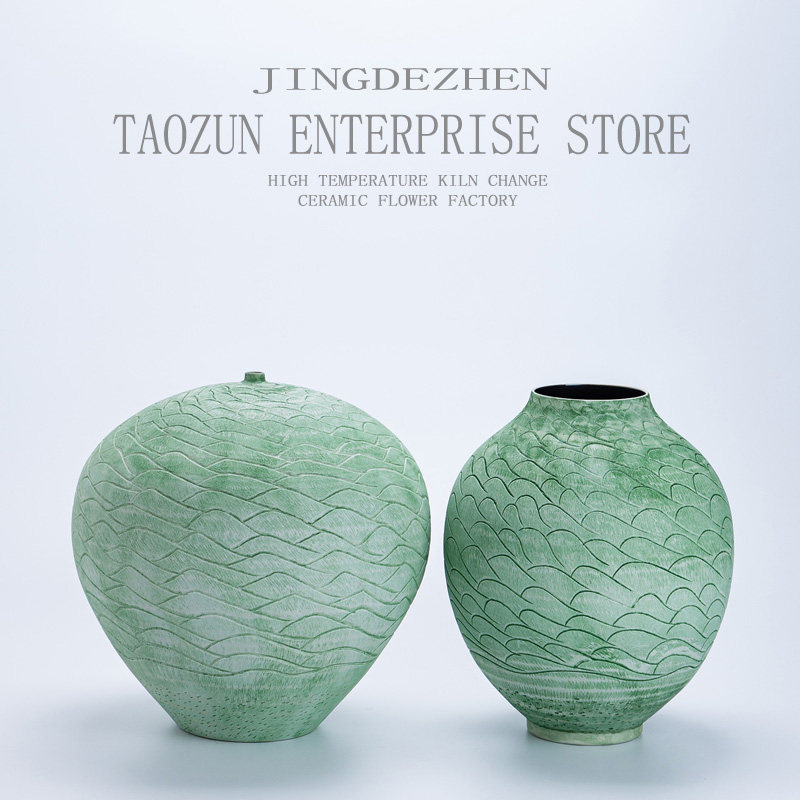 美式简约现代家居样板间客厅艺术插花器装饰摆饰手工陶瓷绿色花瓶