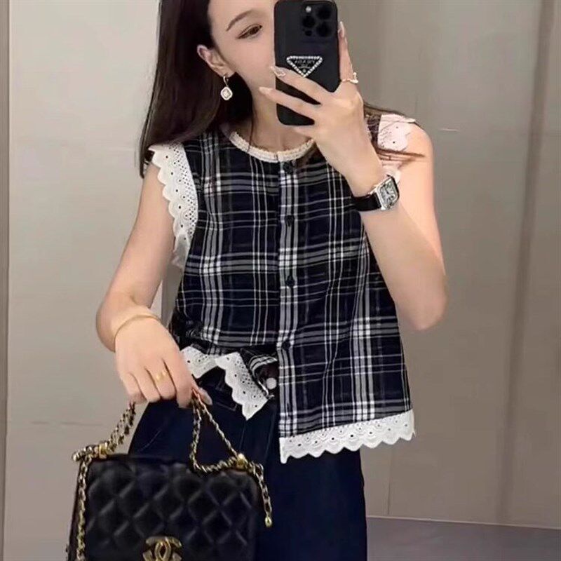欧货蕾丝花边格子无袖衬衫女u夏装2026新款设计感时尚A字娃娃衫潮