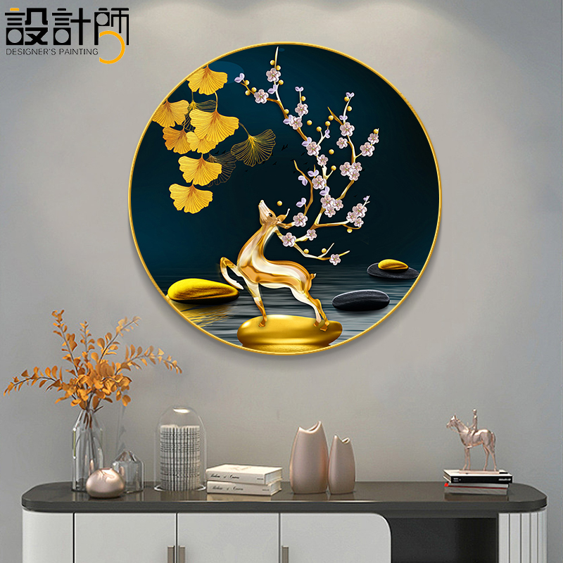 进门玄关画d圆形装饰画福鹿沙发背景挂画客厅壁画招财入户正对墙图片