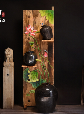 门板画老榆木板子风化面茶桌面彩绘墙面绘画装饰画实木隔断彩绘画