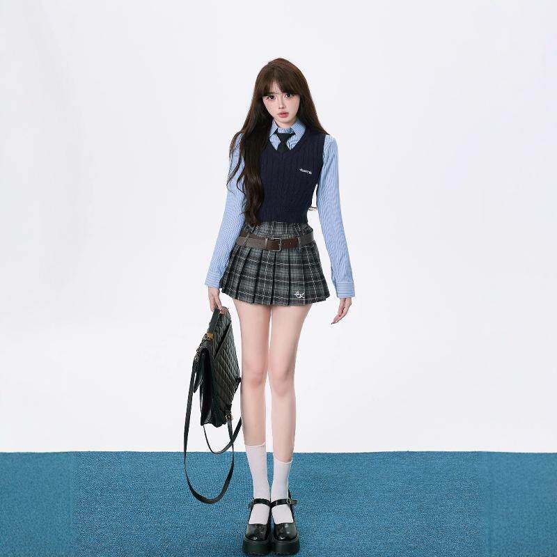 美式学院风jk制服套装女u秋冬新款蓝色条纹衬衫马甲叠穿半裙三件