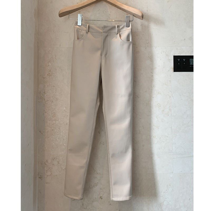 冬天的超模皮裤 韩国t磨毛奶茶色弹力紧身九分小脚裤女